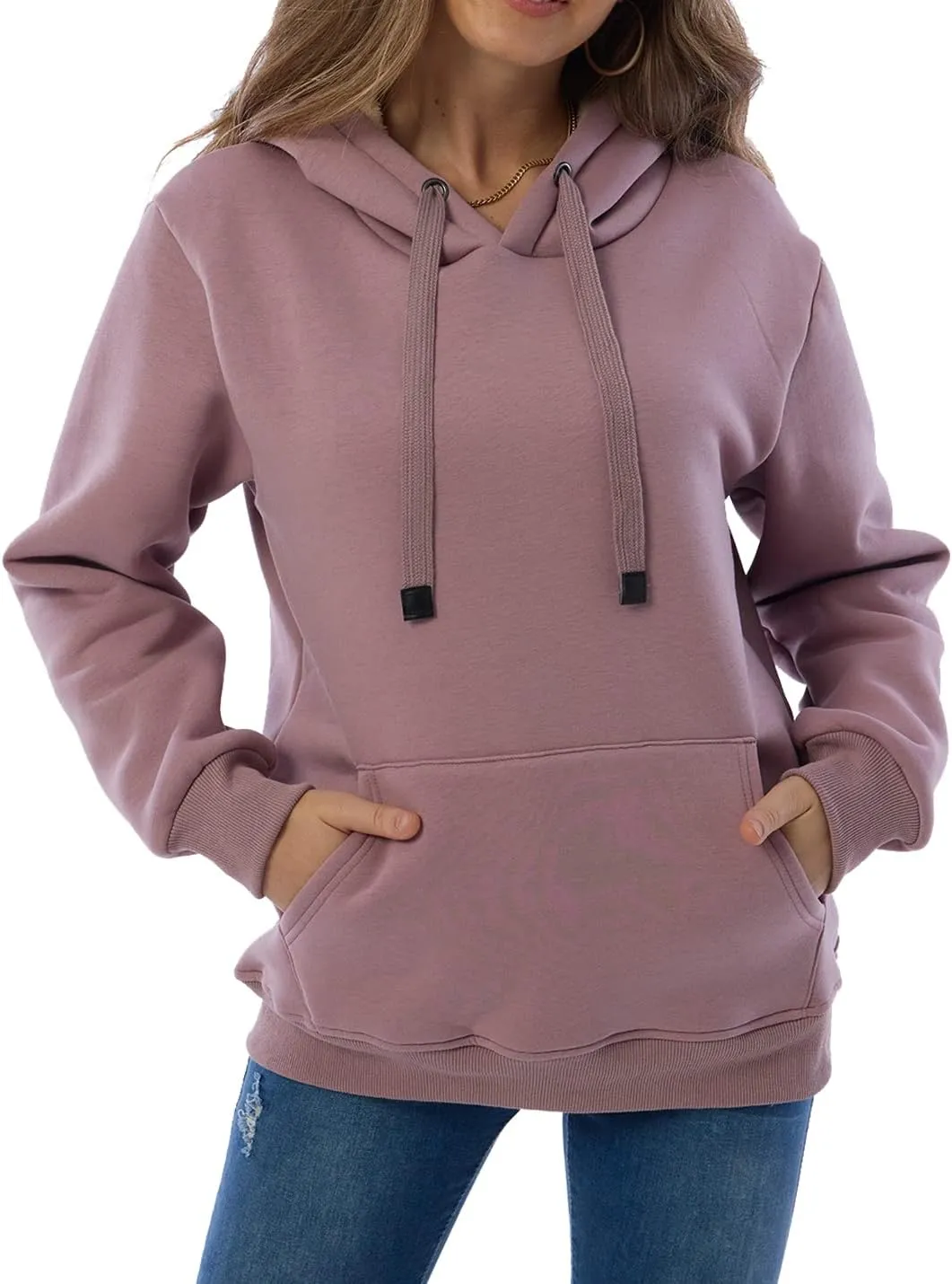 Gnveub Women's Casual Winter Warm Fleece Sherpa Lined Hooded Sweatshirt Thick Pullover Plus with Pockets