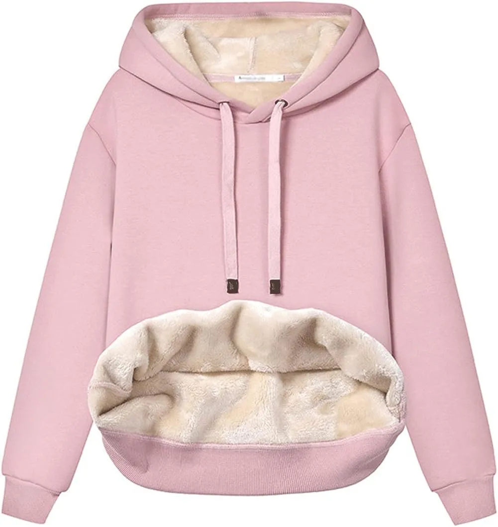 Gnveub Women's Casual Winter Warm Fleece Sherpa Lined Hooded Sweatshirt Thick Pullover Plus with Pockets