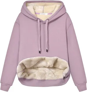 Gnveub Women's Casual Winter Warm Fleece Sherpa Lined Hooded Sweatshirt Thick Pullover Plus with Pockets
