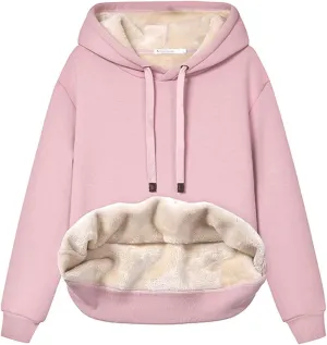 Gnveub Women's Casual Winter Warm Fleece Sherpa Lined Hooded Sweatshirt Thick Pullover Plus with Pockets