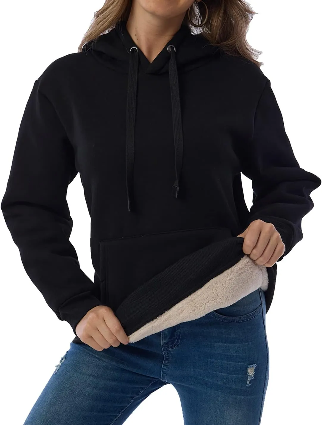 Gnveub Women's Casual Winter Warm Fleece Sherpa Lined Hooded Sweatshirt Thick Pullover Plus with Pockets