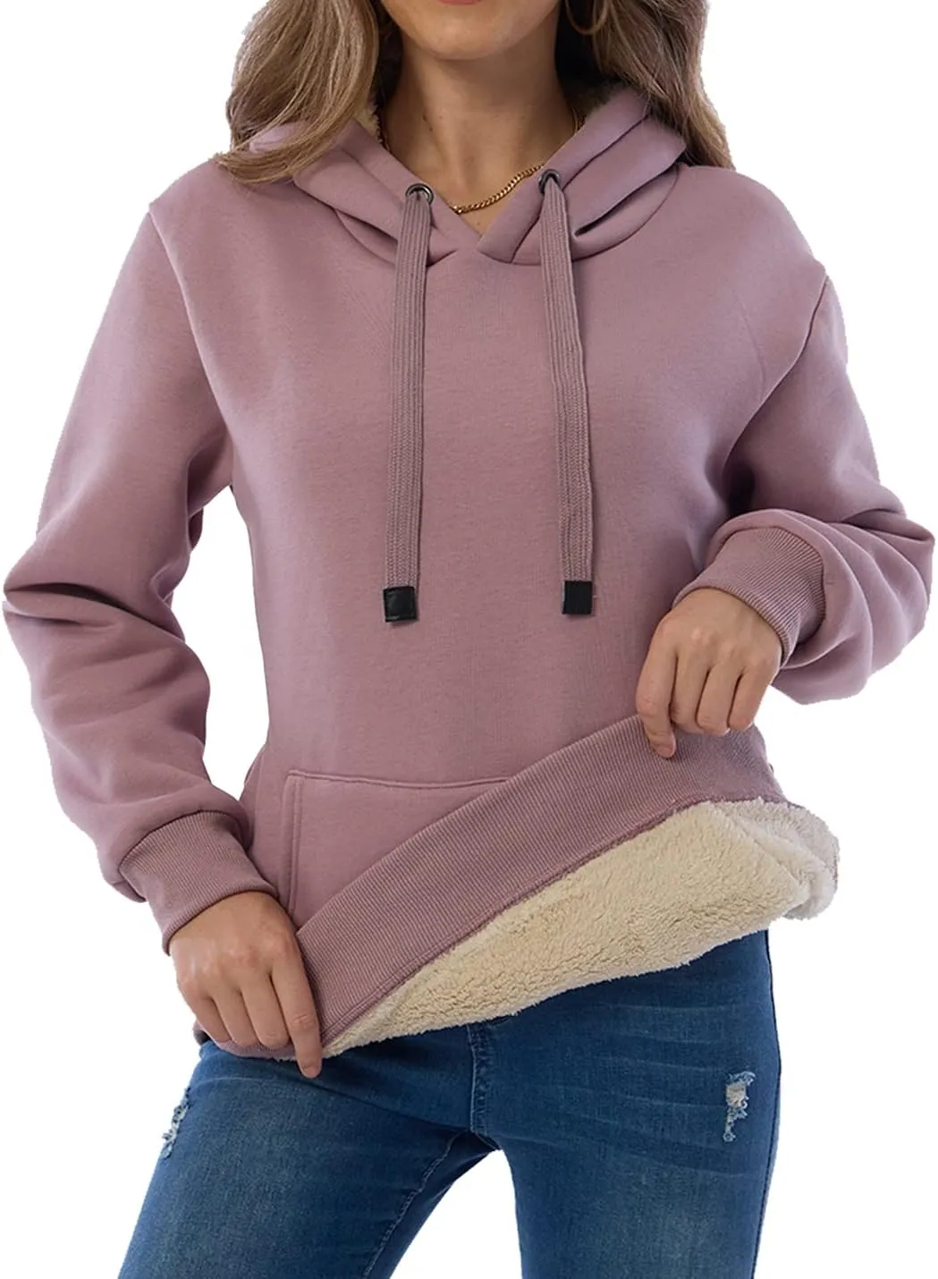 Gnveub Women's Casual Winter Warm Fleece Sherpa Lined Hooded Sweatshirt Thick Pullover Plus with Pockets