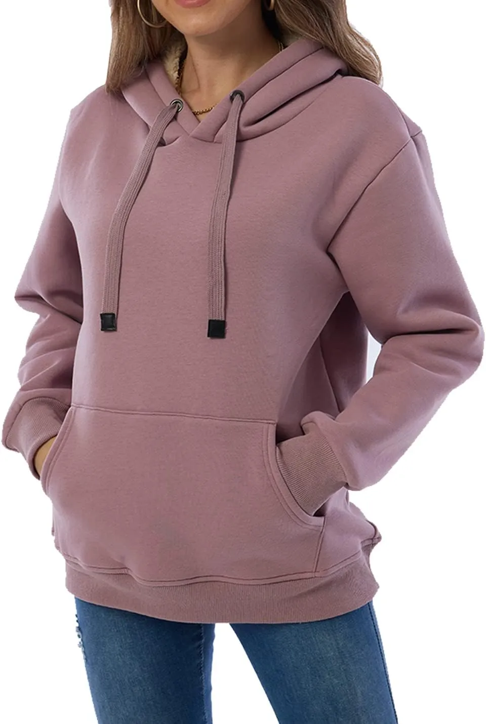 Gnveub Women's Casual Winter Warm Fleece Sherpa Lined Hooded Sweatshirt Thick Pullover Plus with Pockets