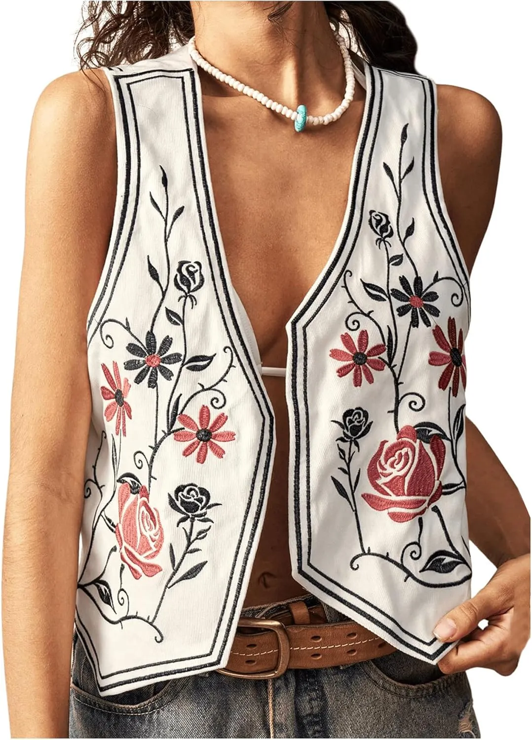 GORGLITTER Women's Boho Embroidered Vest Western Country Concert Rodeo Cowgirl Vest Tops Trendy 2025