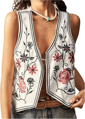 GORGLITTER Women's Boho Embroidered Vest Western Country Concert Rodeo Cowgirl Vest Tops Trendy 2025