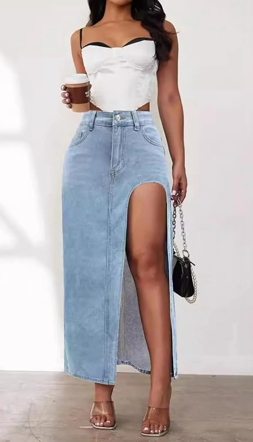 Hacikis Womens Split Thigh Denim Maxi Skirts High Waisted Casual Zip Up Long Jean Skirt with Pockets