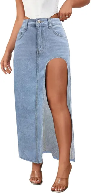 Hacikis Womens Split Thigh Denim Maxi Skirts High Waisted Casual Zip Up Long Jean Skirt with Pockets