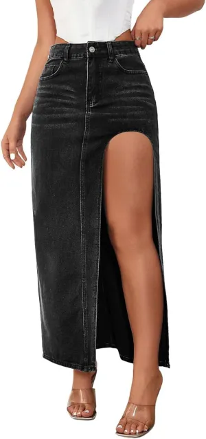 Hacikis Womens Split Thigh Denim Maxi Skirts High Waisted Casual Zip Up Long Jean Skirt with Pockets