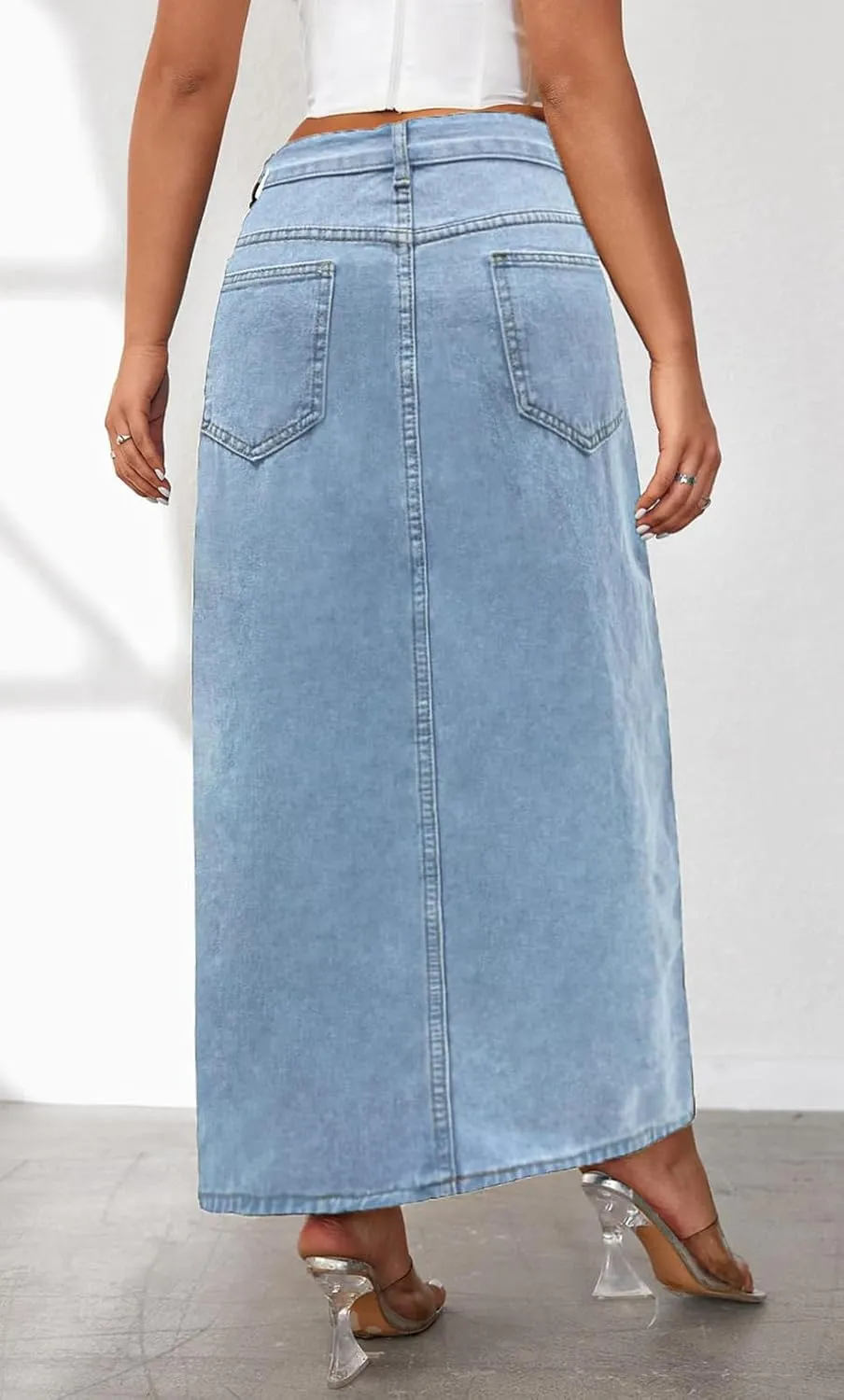 Hacikis Womens Split Thigh Denim Maxi Skirts High Waisted Casual Zip Up Long Jean Skirt with Pockets