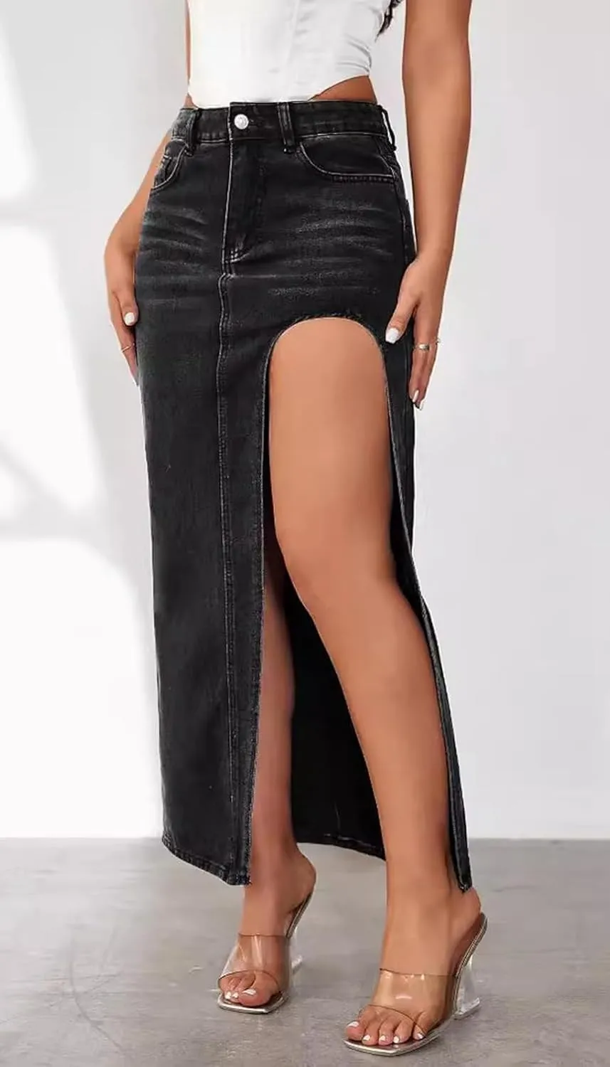 Hacikis Womens Split Thigh Denim Maxi Skirts High Waisted Casual Zip Up Long Jean Skirt with Pockets