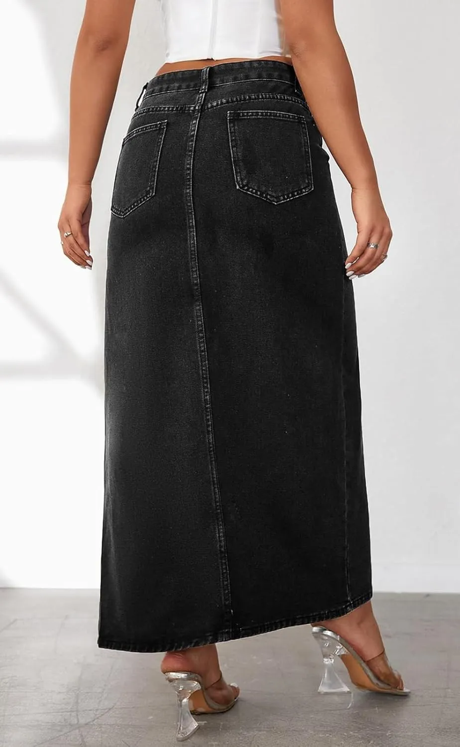 Hacikis Womens Split Thigh Denim Maxi Skirts High Waisted Casual Zip Up Long Jean Skirt with Pockets