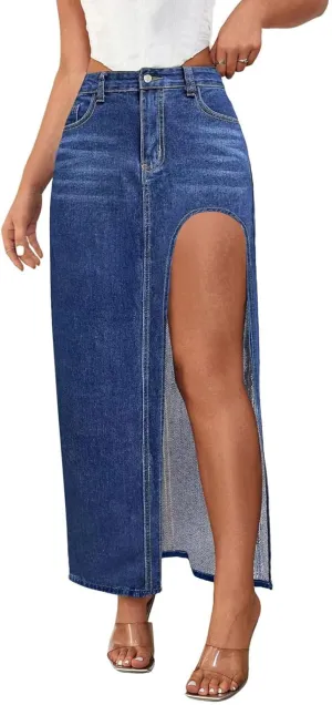 Hacikis Womens Split Thigh Denim Maxi Skirts High Waisted Casual Zip Up Long Jean Skirt with Pockets