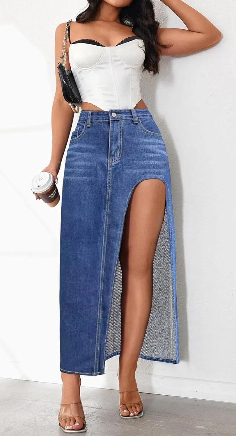 Hacikis Womens Split Thigh Denim Maxi Skirts High Waisted Casual Zip Up Long Jean Skirt with Pockets