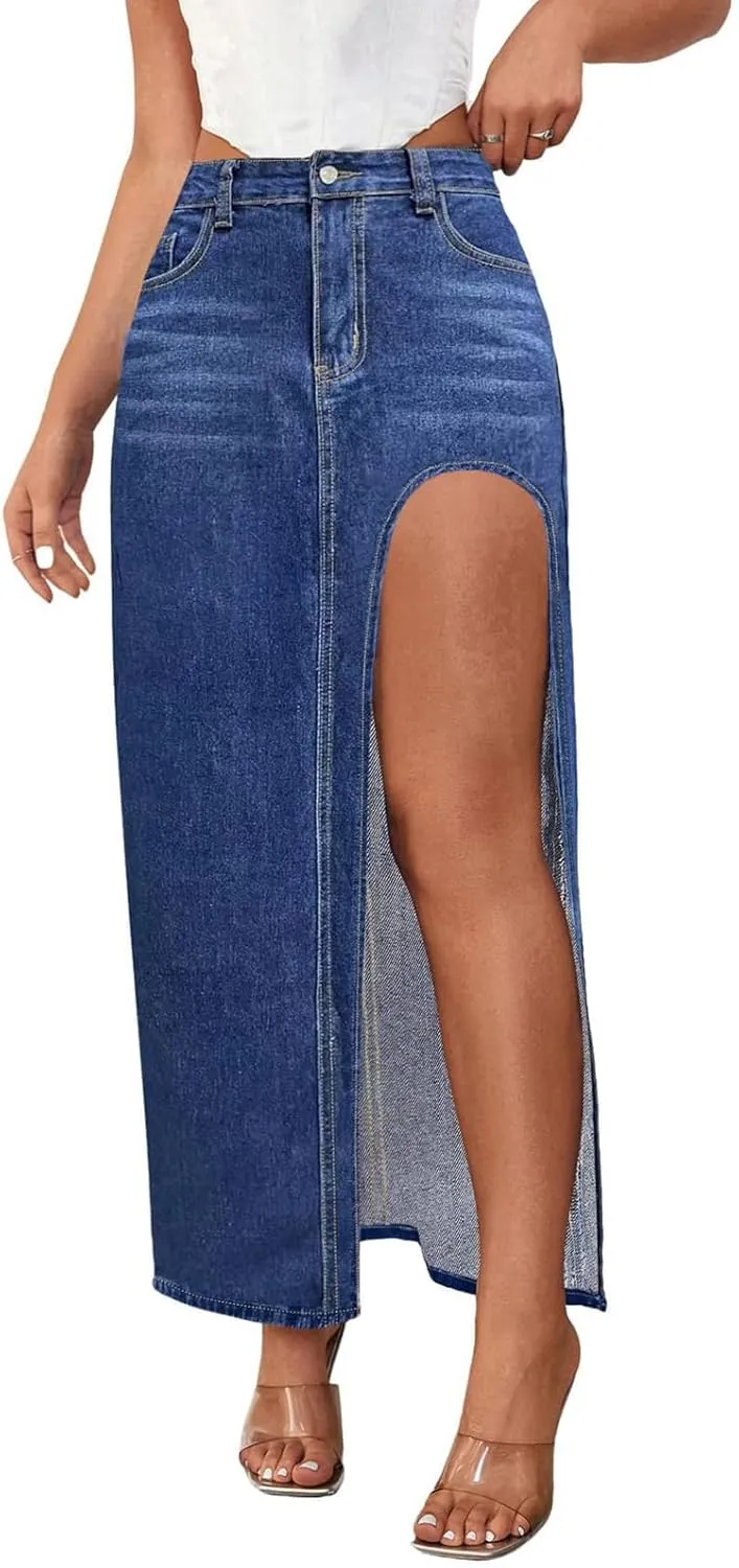 Hacikis Womens Split Thigh Denim Maxi Skirts High Waisted Casual Zip Up Long Jean Skirt with Pockets