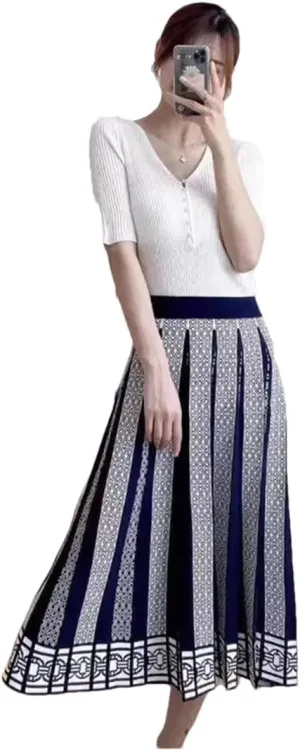 Hdhdeueh Women High Waist Knitted Midi Skirt A-Line Black Elegant Pleated Skirt S