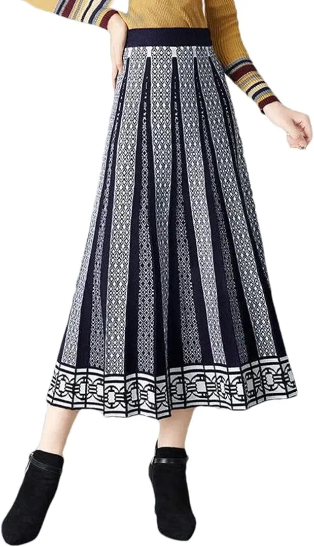 Hdhdeueh Women High Waist Knitted Midi Skirt A-Line Black Elegant Pleated Skirt S