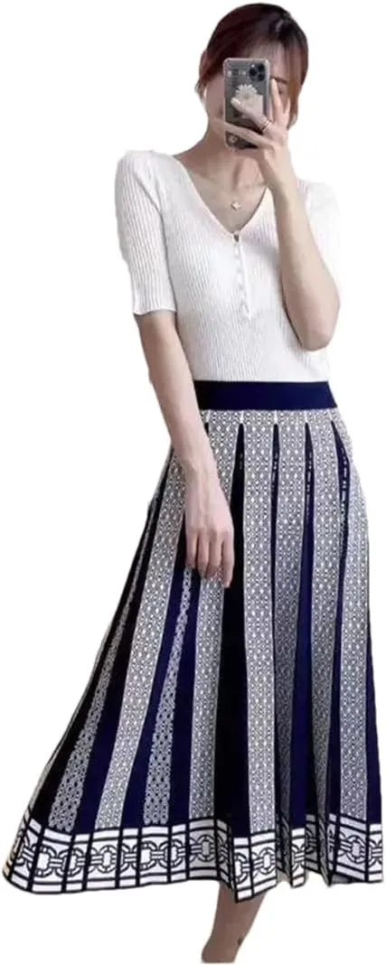 Hdhdeueh Women High Waist Knitted Midi Skirt A-Line Black Elegant Pleated Skirt S