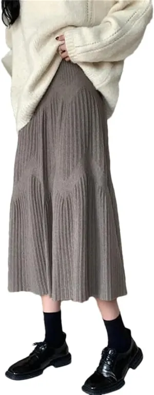 Hdhdeueh Women Knitted Midi Skirts Black Gray A-Line High Waist Pleated Elegant Skirt