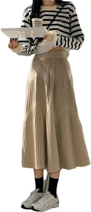 Hdhdeueh Women Knitted Midi Skirts Black Gray A-Line High Waist Pleated Elegant Skirt
