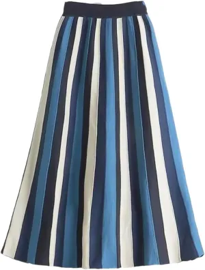 Hdhdeueh Women Striped Brown Gray A-Line High Waist Knitted Midi Skirt Elegant Pleated Skirt