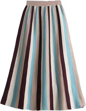 Hdhdeueh Women Striped Brown Gray A-Line High Waist Knitted Midi Skirt Elegant Pleated Skirt
