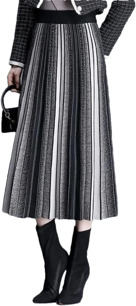 Hdhdeueh Women Striped Knitted Midi Skirt A-Line Elegant Pleated Skirt