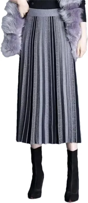 Hdhdeueh Women Striped Knitted Midi Skirt A-Line Elegant Pleated Skirt