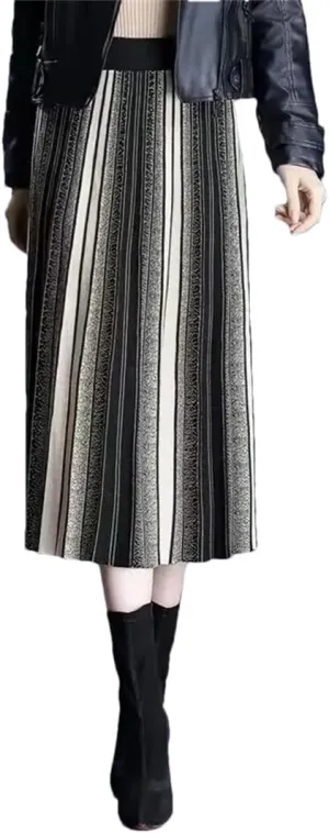 Hdhdeueh Women Striped Knitted Midi Skirt A-Line Elegant Pleated Skirt