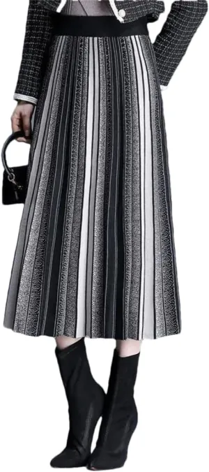 Hdhdeueh Women Striped Knitted Midi Skirt A-Line Elegant Pleated Skirt