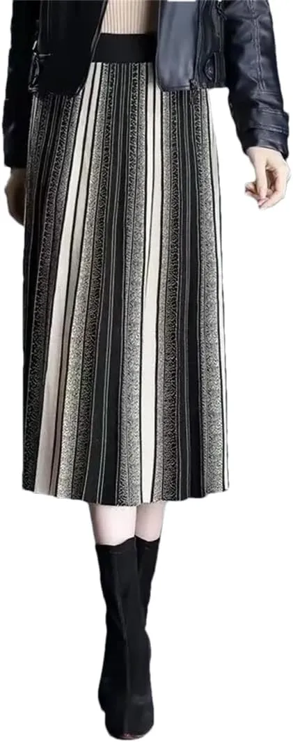 Hdhdeueh Women Striped Knitted Midi Skirt A-Line Elegant Pleated Skirt