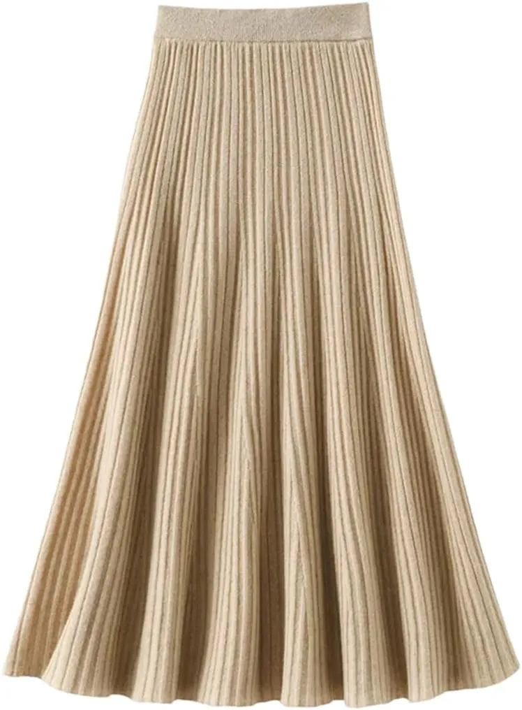 Hdhdeueh Women's Wool High Waist Pleated Skirt Elegant College Style Midi Skirt