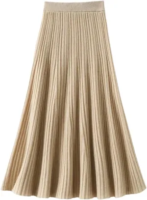Hdhdeueh Women's Wool High Waist Pleated Skirt Elegant College Style Midi Skirt