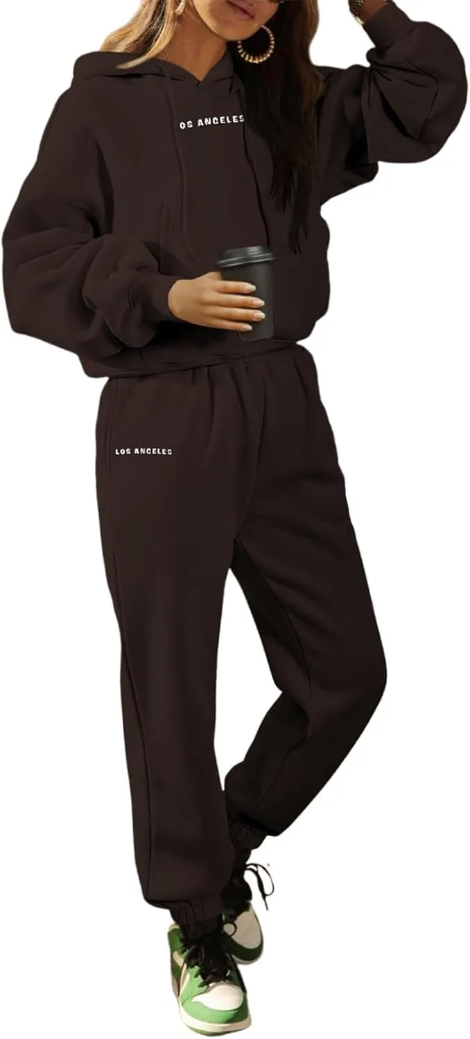Herseas Womens 2 Piece Fleece Outfits Long Sleeve Crop Hoodie Sweatshirt with Jogger Pants Tracksuit Lounge Set