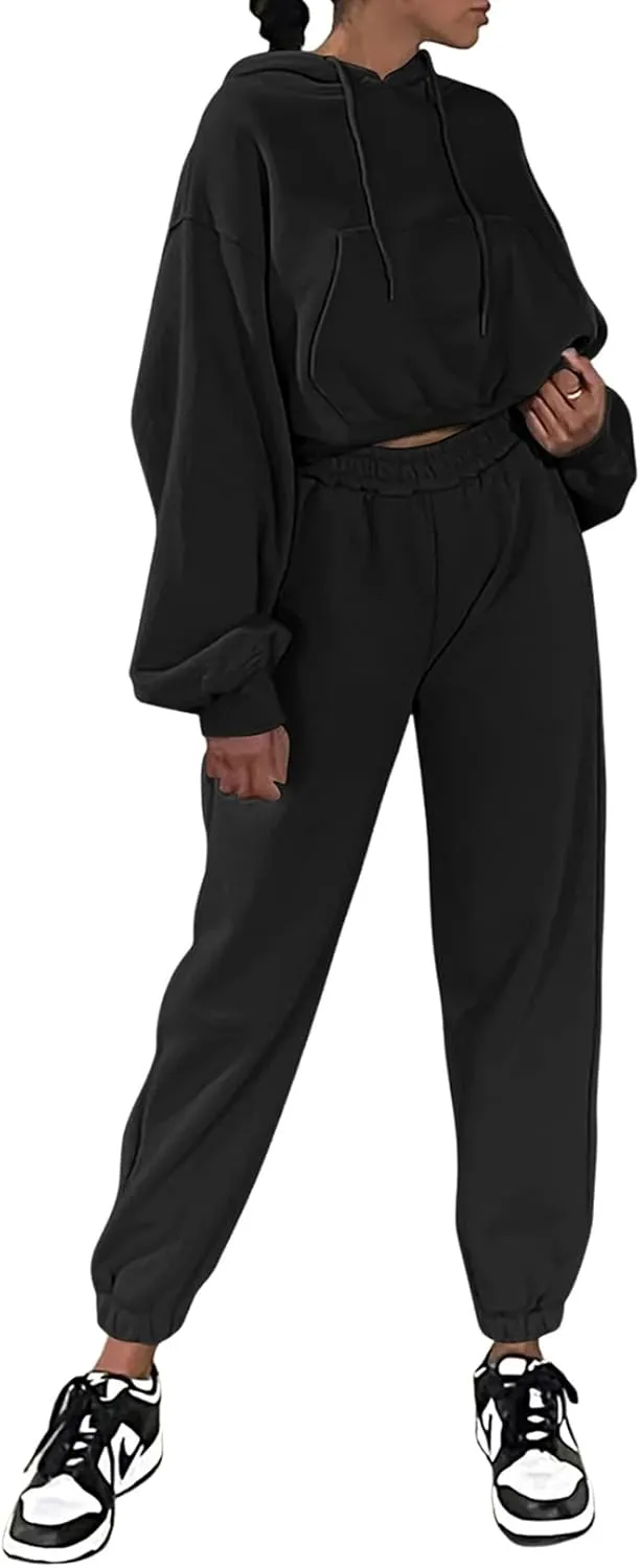 Herseas Womens 2 Piece Fleece Outfits Long Sleeve Crop Hoodie Sweatshirt with Jogger Pants Tracksuit Lounge Set