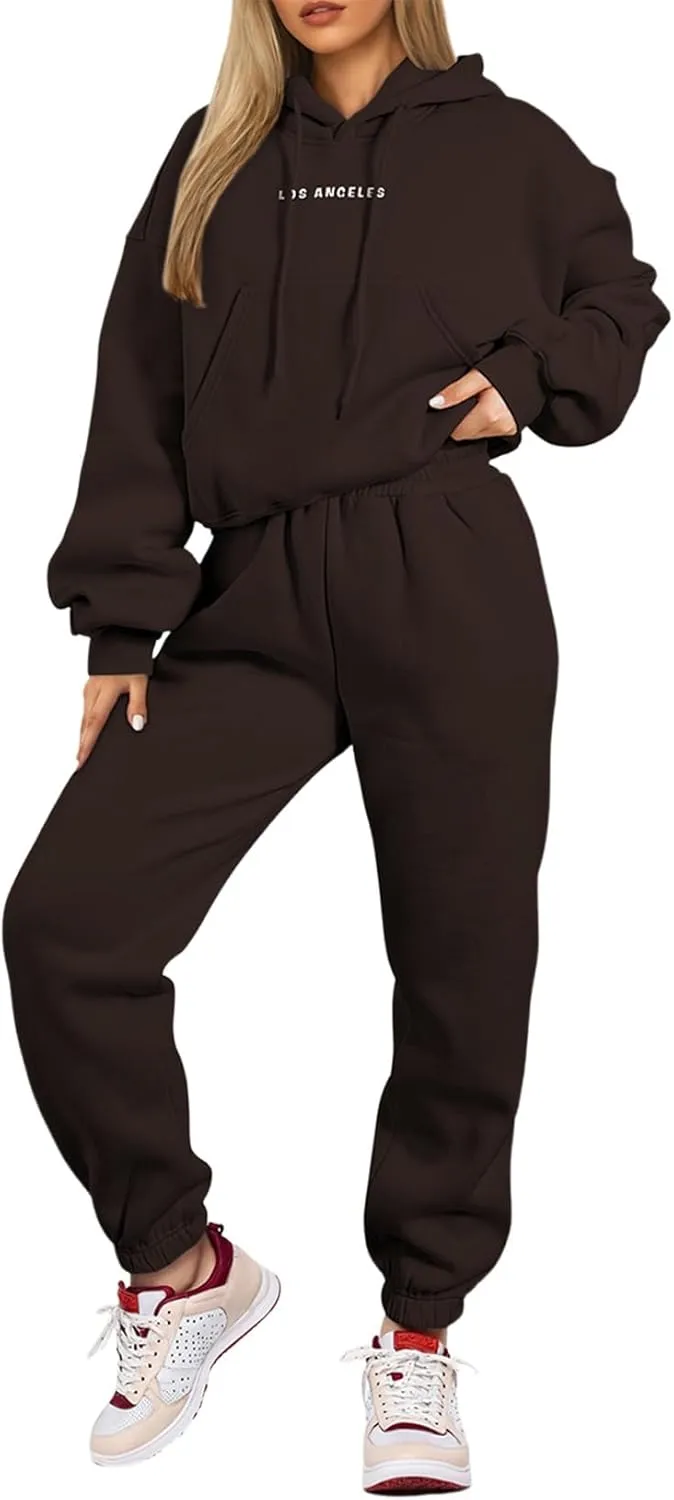 Herseas Womens 2 Piece Fleece Outfits Long Sleeve Crop Hoodie Sweatshirt with Jogger Pants Tracksuit Lounge Set