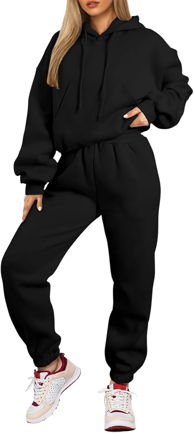 Herseas Womens 2 Piece Fleece Outfits Long Sleeve Crop Hoodie Sweatshirt with Jogger Pants Tracksuit Lounge Set