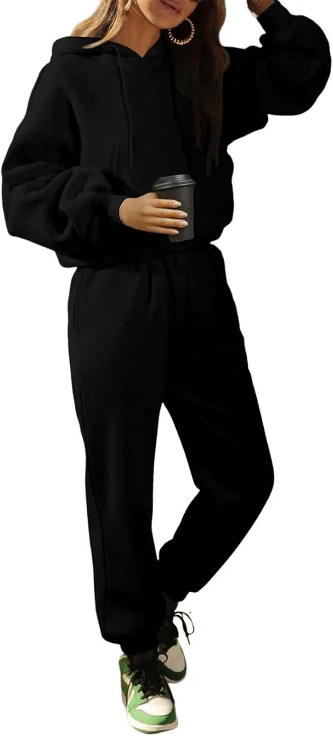 Herseas Womens 2 Piece Fleece Outfits Long Sleeve Crop Hoodie Sweatshirt with Jogger Pants Tracksuit Lounge Set
