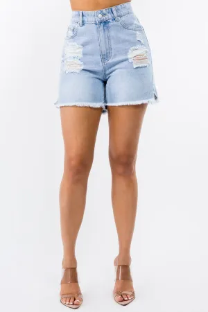 High Waist Distressed Raw Hem Denim Shorts