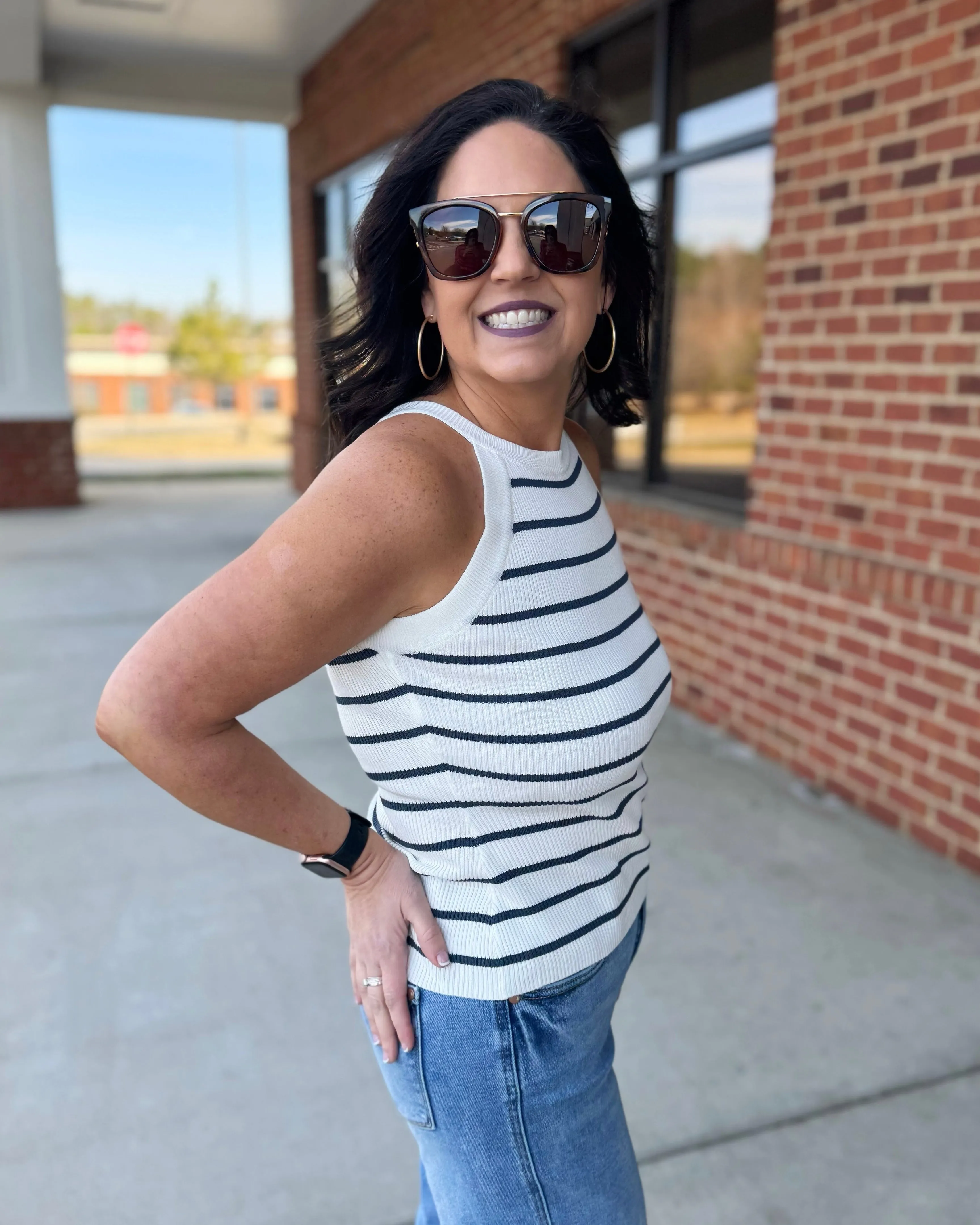 Ida Stripe High Neck Sweater Tank in Off White/Navy