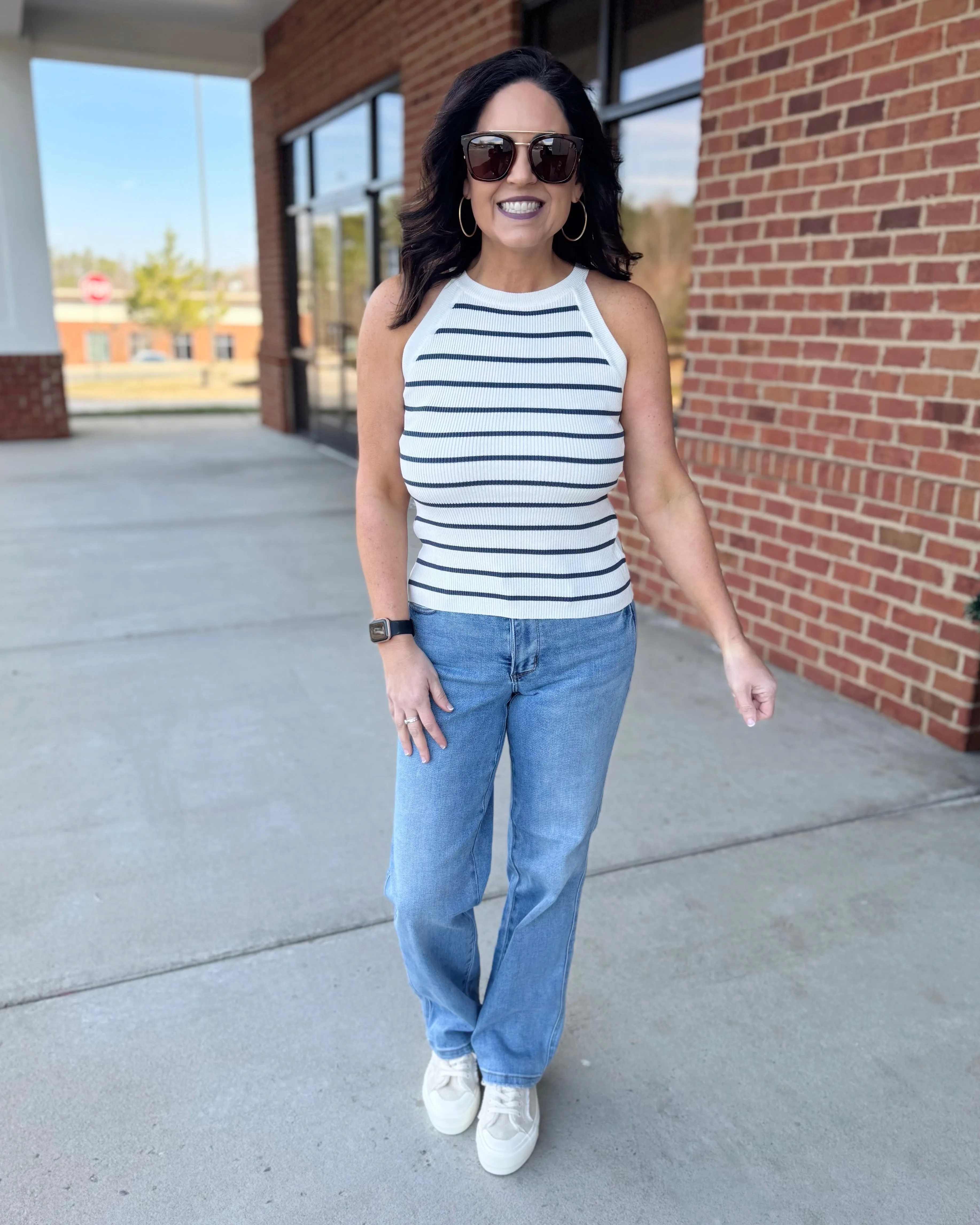 Ida Stripe High Neck Sweater Tank in Off White/Navy