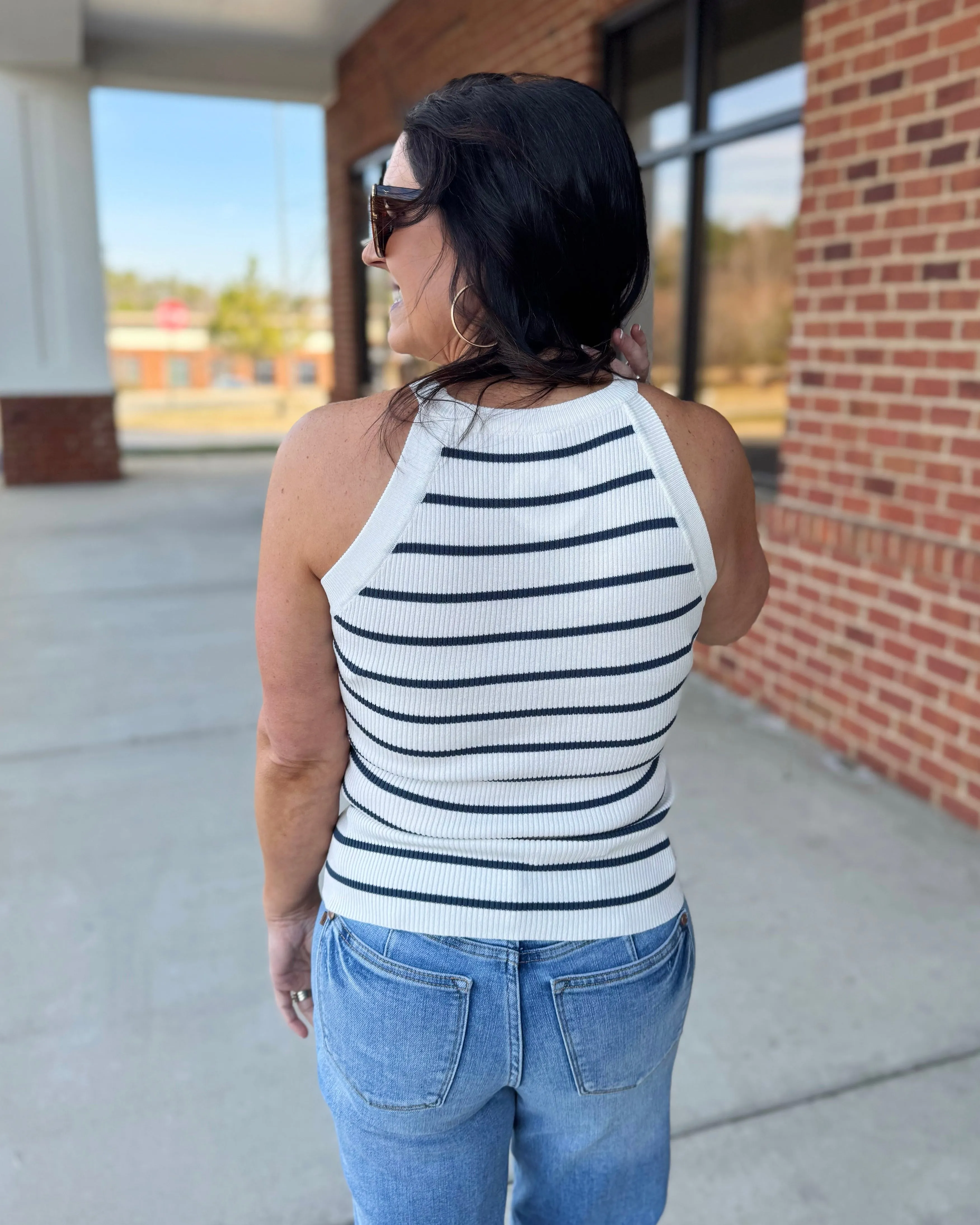 Ida Stripe High Neck Sweater Tank in Off White/Navy