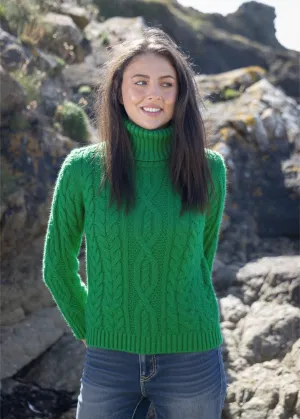 IrelandsEye Polo Neck Aran Sweater | Green Marl