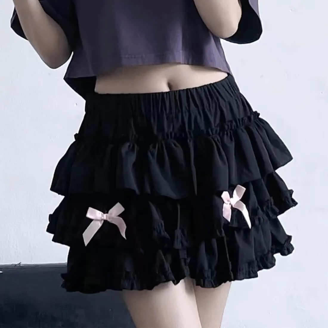 Kawaii Lolita Gothic Clothes Vintage Casual Elastic Waist Cute Bows Lace Trim Puffy Ruffle Layered Short Skirt