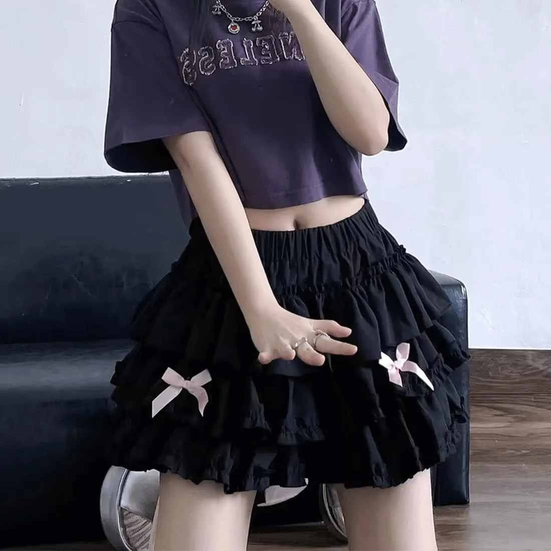 Kawaii Lolita Gothic Clothes Vintage Casual Elastic Waist Cute Bows Lace Trim Puffy Ruffle Layered Short Skirt