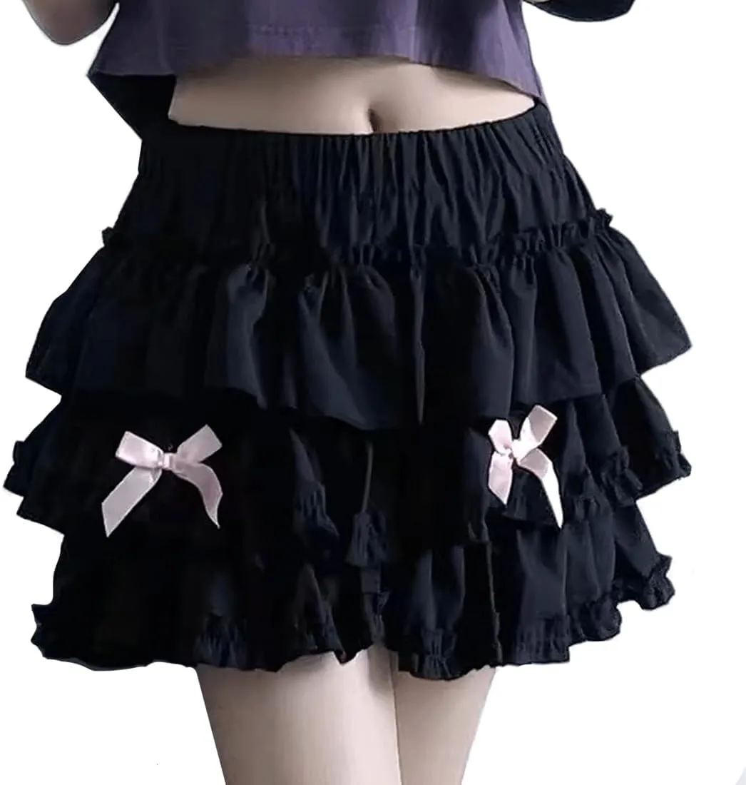Kawaii Lolita Gothic Clothes Vintage Casual Elastic Waist Cute Bows Lace Trim Puffy Ruffle Layered Short Skirt