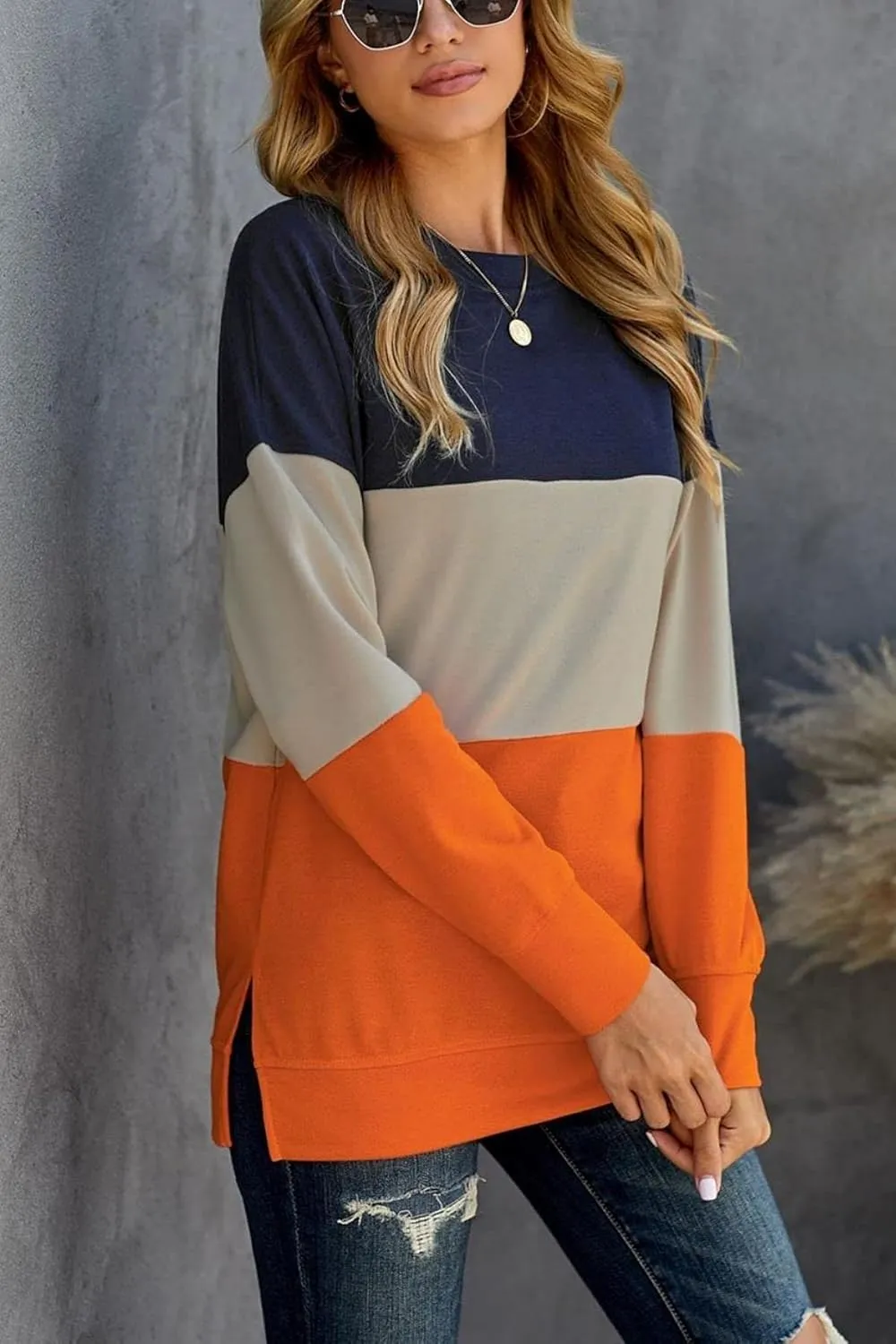 KINSWT Womens Sweatshirt Long Sleeve CrewNeck Striped Pullover side split Tops