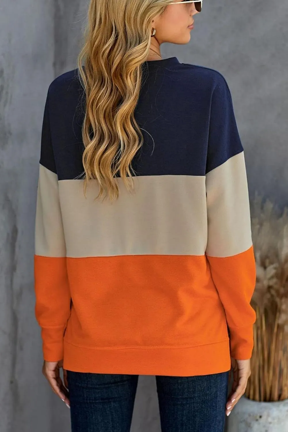 KINSWT Womens Sweatshirt Long Sleeve CrewNeck Striped Pullover side split Tops