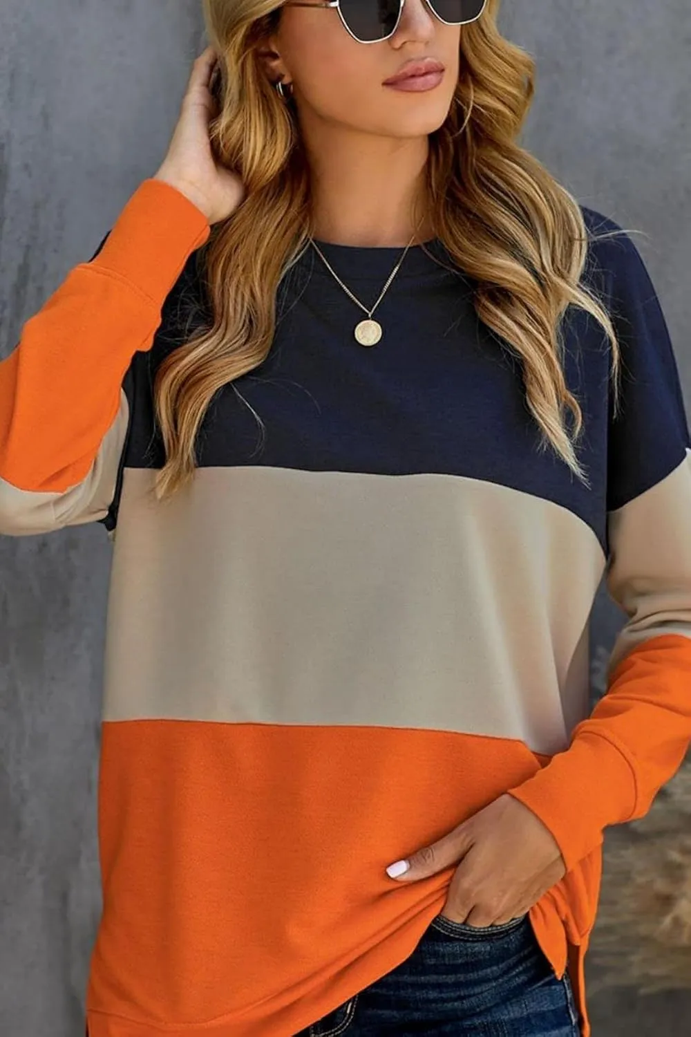 KINSWT Womens Sweatshirt Long Sleeve CrewNeck Striped Pullover side split Tops