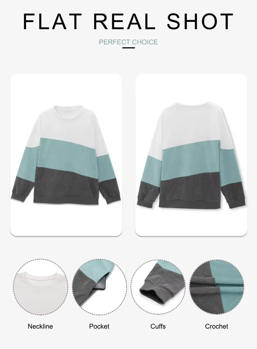 KISSMODA Womens Casual Long Sleeve Sweatshirts Color Block/Solid Tops Corduroy Crewneck Tunic Pullover with Pockets