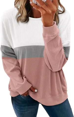 KISSMODA Womens Casual Long Sleeve Sweatshirts Color Block/Solid Tops Corduroy Crewneck Tunic Pullover with Pockets